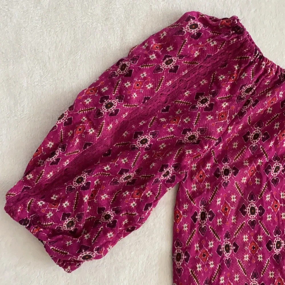 Anthropologie | Block Print Off-The-Shoulder 3/4 Length Sleeve Top Pink (XS) - Picture 4 of 15